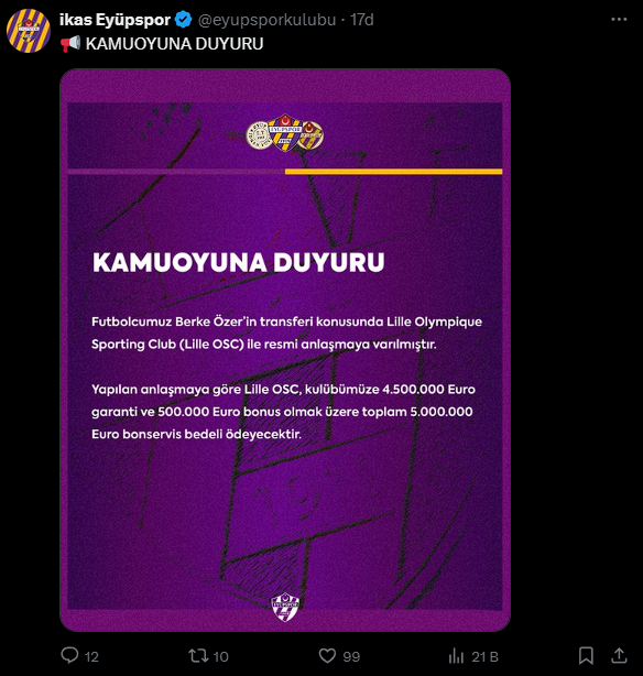 Eyüpspor'un Yıldız Kalecisi Berke Özer Lille'e Transfer Oldu