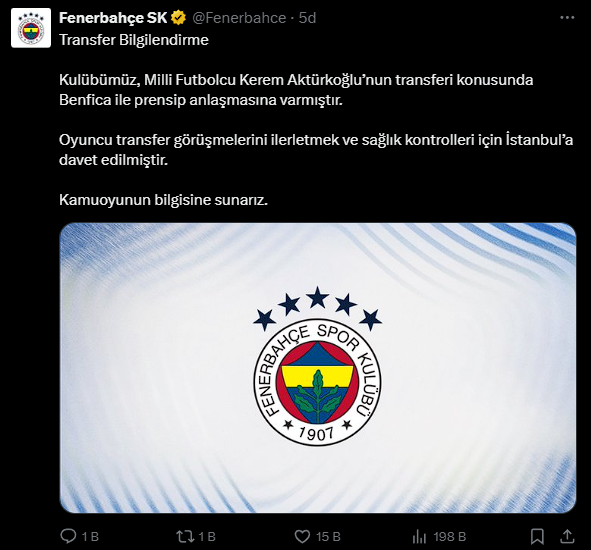 Fenerbahçe, milli futbolcu Kerem Aktürkoğlu'nun Benfica’ya transfer olduğunu açıkladı.