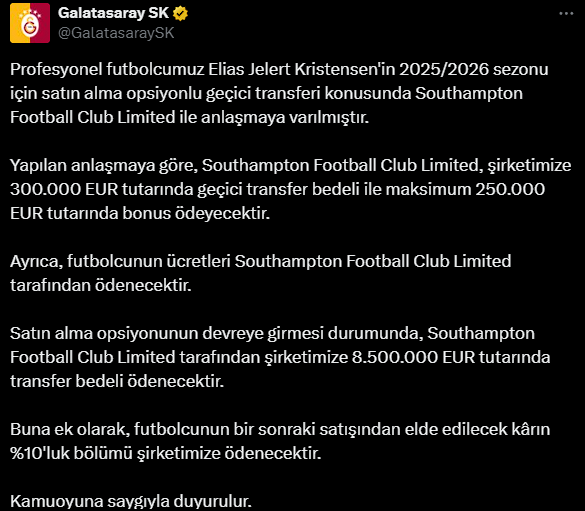 Galatasaray, Elias Jelert’İ Southampton’a Satın Alma Opsiyonuyla Kiraladı