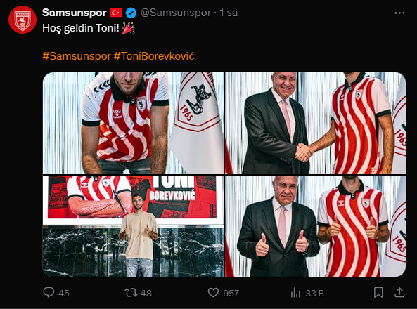 Samsunspor, Hırvat Yıldız Toni Borevkovic'i Kadrosuna Katıyor