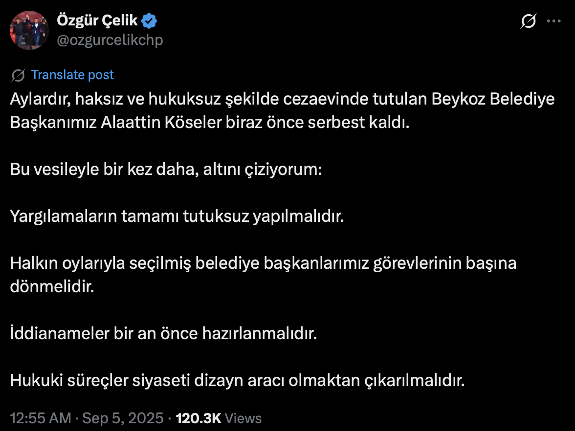 Özgür Çelik tahliye sonrası mesajını paylaştı