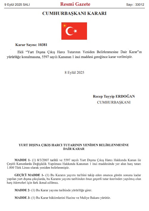 Yurt dışı çıkış harcı yükseltildi